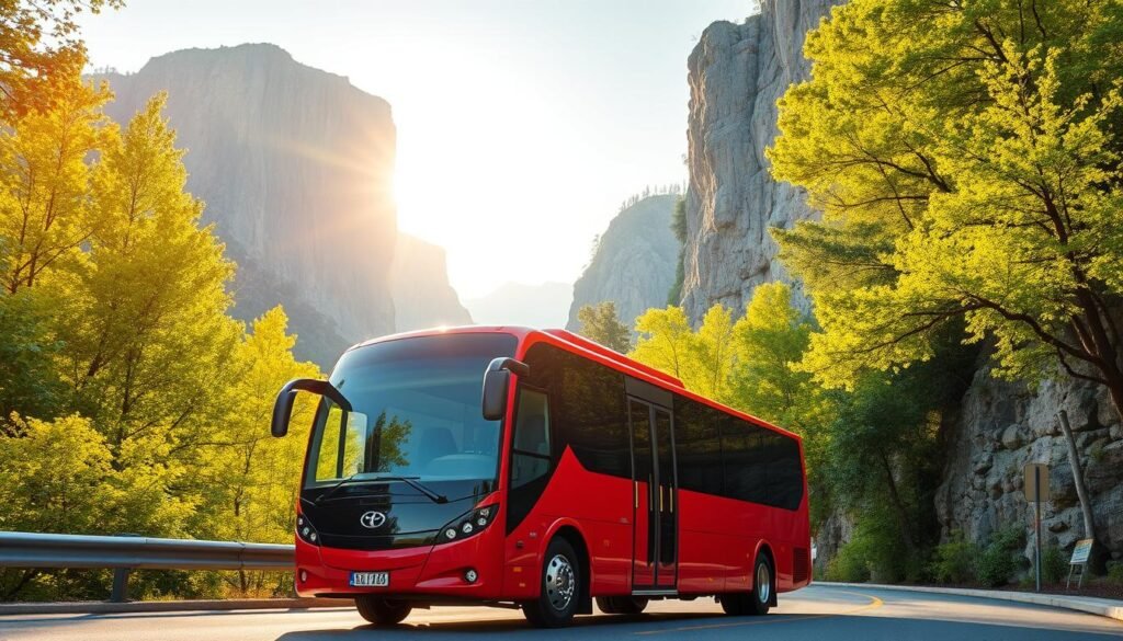 A modern, state-of-the-art shuttle bus in a scenic mountain landscape. The bus is painted in a vibrant red color, contrasting against the lush green foliage and towering rocky cliffs in the background. Sunlight filters through the trees, casting a warm, golden glow over the scene. The shuttle appears clean and well-maintained, ready to transport visitors through the winding roads of the national park. The composition emphasizes the harmony between the man-made shuttle and the natural wonder of the surroundings, capturing the essence of the park's efficient and eco-friendly transportation system. A modern, state-of-the-art shuttle bus in a scenic mountain landscape. The bus is painted in a vibrant red color, contrasting against the lush green foliage and towering rocky cliffs in the background. Sunlight filters through the trees, casting a warm, golden glow over the scene. The shuttle appears clean and well-maintained, ready to transport visitors through the winding roads of the national park. The composition emphasizes the harmony between the man-made shuttle and the natural wonder of the surroundings, capturing the essence of the park's efficient and eco-friendly transportation system.