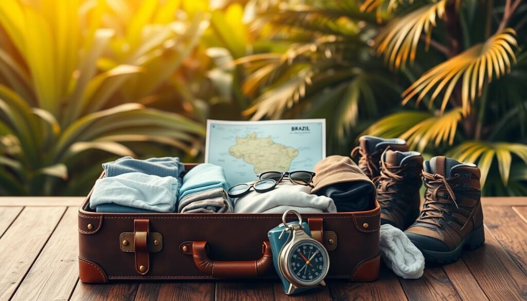 A neatly organized packing guide for an adventurous trip to Brazil. In the foreground, a hardcover suitcase with leather straps sits open, revealing neatly folded clothes, toiletries, and other travel essentials. In the middle ground, a map of Brazil, a compass, and a pair of hiking boots suggest the outdoorsy nature of the journey. The background showcases lush tropical foliage, hinting at the vibrant landscapes and diverse ecosystems to be explored. Warm, natural lighting casts a golden glow, evoking the inviting atmosphere of the country. The overall composition conveys a sense of excitement and preparedness for an unforgettable Brazilian adventure.
