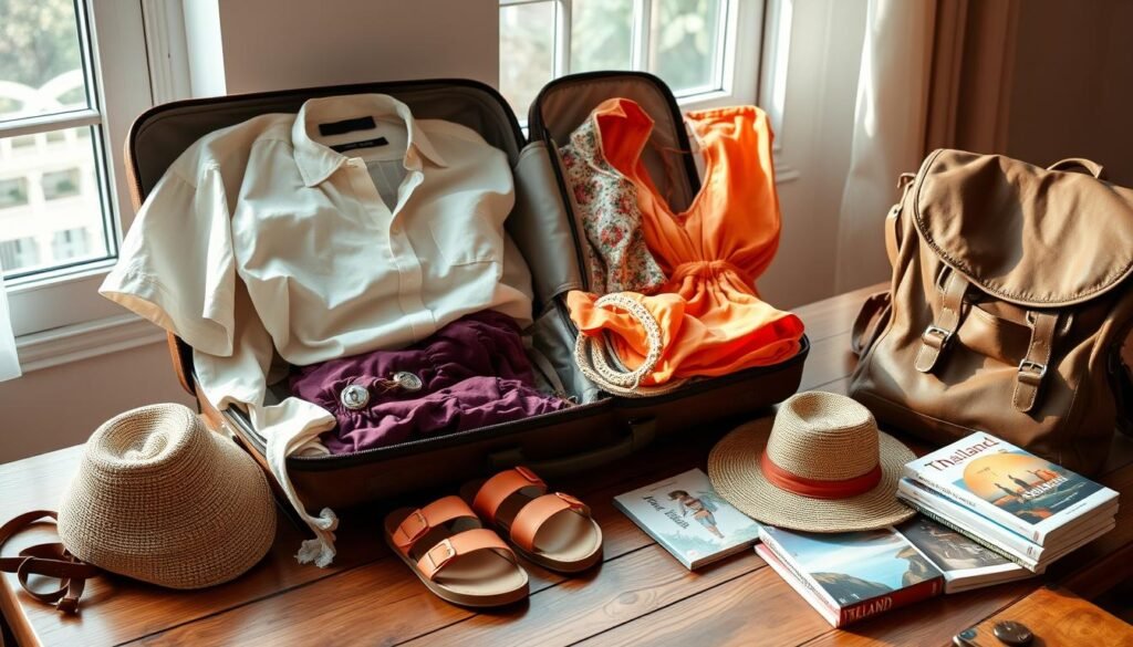 A neatly organized suitcase on a wooden table, open to reveal an array of Thailand-inspired attire - lightweight linen shirts, breezy sundresses, and sandals in vibrant hues. Nearby, a weathered leather backpack, a floppy sun hat, and a stack of travel guides set the scene. Soft, natural lighting filters through the window, casting a warm glow over the scene. The overall mood is one of relaxed anticipation, as if the traveler is meticulously planning their journey to Thailand's tropical paradise.