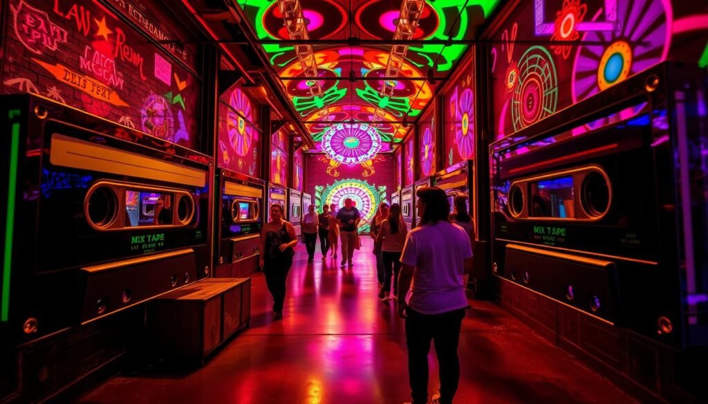 A neon-drenched, immersive art experience in the heart of Oklahoma City. The vibrant, retro-futuristic "Mix-Tape" installation fills the cavernous factory space, with larger-than-life audio cassette sculptures and hypnotic, kaleidoscopic light projections dancing across the walls. Visitors wander through this sensory wonderland, enveloped in a mesmerizing blend of sight and sound that transports them to a bygone era of analog technology. Warm, golden lighting illuminates the industrial-chic setting, while strategically placed cameras and mirrors create an illusion of endless depth and boundless creativity. This one-of-a-kind artistic attraction offers a truly immersive, mind-bending adventure that captivates the senses and ignites the imagination.