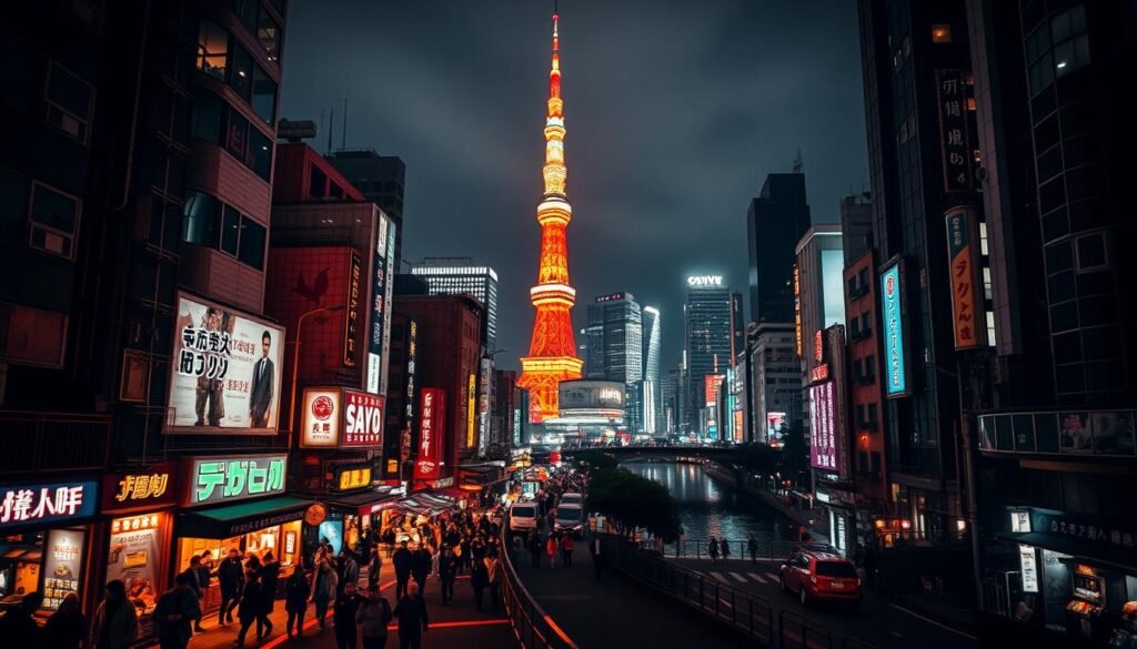 A nightscape of Tokyo's iconic skyline, bathed in the warm glow of skyscraper lights and neon-drenched alleyways. In the foreground, the bustling streets come alive with pedestrians weaving through vibrant arcades and bustling izakayas. The middle ground features the towering silhouettes of Shibuya Crossing and the Tokyo Tower, their reflections shimmering in the dark waters below. In the background, the city's high-rises reach towards the inky night sky, their windows ablaze with an endless display of urban energy. The scene is captured with a wide-angle lens, conveying a sense of grandeur and immersion, while moody, cinematic lighting casts dramatic shadows and highlights the dynamic interplay of light and shadow. An evocative, atmospheric representation of Tokyo's captivating nightlife.
