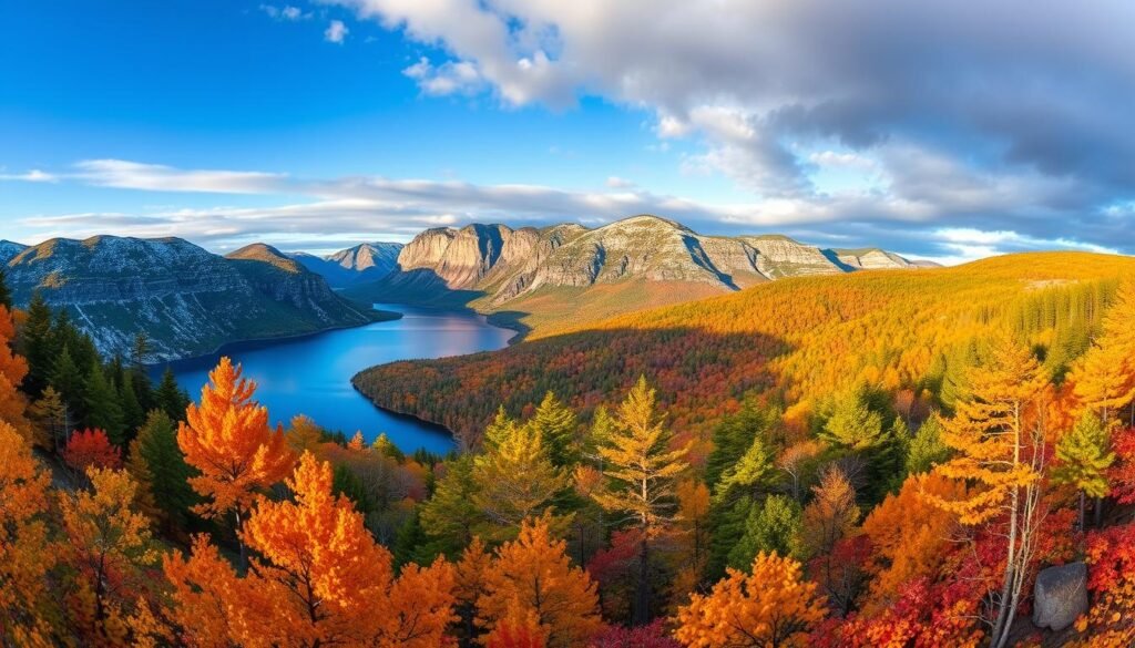 A panoramic landscape of Acadia National Park showcasing its four distinct seasons. In the foreground, a forest of vibrant foliage in autumn, with golden-orange leaves illuminated by warm, diffused sunlight filtering through the canopy. In the middle ground, a serene lake or fjord surrounded by rugged granite cliffs, their surfaces reflecting the changing colors of the sky. In the background, a majestic mountain range dusted with snow in the winter, or lush, verdant forests in the spring and summer. The composition captures the park's dramatic seasonal transformations, from the bold, fiery hues of fall to the serene, muted tones of winter, and the lush, verdant rebirth of spring and summer. Captured with a wide-angle lens to emphasize the park's grandeur and sweeping vistas. Prompt