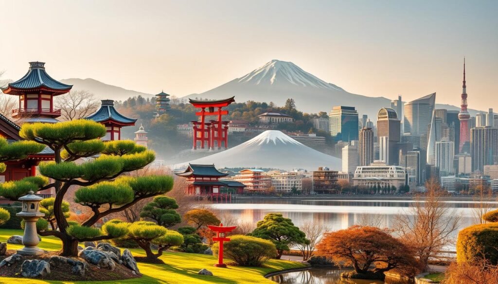 A panoramic landscape showcasing a diverse array of shortlist destinations in Japan. In the foreground, a serene Japanese garden with meticulously pruned bonsai trees, traditional stone lanterns, and a tranquil koi pond. In the middle ground, snow-capped Mount Fuji rises majestically, its iconic silhouette reflected in the stillness of a nearby lake. The background features an eclectic mix of architectural wonders, from the vibrant red torii gates of Fushimi Inari Shrine to the striking modern skyscrapers of Tokyo, all bathed in warm, golden sunlight and a soft, hazy atmosphere. The composition conveys a sense of harmony between Japan's natural and man-made marvels, inviting the viewer to explore the country's hidden gems and iconic destinations. A panoramic landscape showcasing a diverse array of shortlist destinations in Japan. In the foreground, a serene Japanese garden with meticulously pruned bonsai trees, traditional stone lanterns, and a tranquil koi pond. In the middle ground, snow-capped Mount Fuji rises majestically, its iconic silhouette reflected in the stillness of a nearby lake. The background features an eclectic mix of architectural wonders, from the vibrant red torii gates of Fushimi Inari Shrine to the striking modern skyscrapers of Tokyo, all bathed in warm, golden sunlight and a soft, hazy atmosphere. The composition conveys a sense of harmony between Japan's natural and man-made marvels, inviting the viewer to explore the country's hidden gems and iconic destinations.