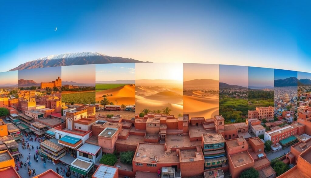A panoramic montage capturing the diverse seasonal landscapes of Morocco, showcased in a grid of twelve captivating scenes. In the foreground, a vibrant medina bustles with activity, its colorful souks and intricate architecture reflecting the rich cultural heritage. The middle ground features iconic landmarks like the snow-capped Atlas Mountains, the Sahara Desert's rolling dunes, and the picturesque coastal towns, each highlighted in their respective months. The background gradually shifts, from lush green oases in spring to the fiery hues of autumn, creating a visually stunning representation of Morocco's dynamic climate and events throughout the year. Captured with a wide-angle lens and natural lighting, this image evokes a sense of wonder and the perfect timing to explore the country's wonders. A panoramic montage capturing the diverse seasonal landscapes of Morocco, showcased in a grid of twelve captivating scenes. In the foreground, a vibrant medina bustles with activity, its colorful souks and intricate architecture reflecting the rich cultural heritage. The middle ground features iconic landmarks like the snow-capped Atlas Mountains, the Sahara Desert's rolling dunes, and the picturesque coastal towns, each highlighted in their respective months. The background gradually shifts, from lush green oases in spring to the fiery hues of autumn, creating a visually stunning representation of Morocco's dynamic climate and events throughout the year. Captured with a wide-angle lens and natural lighting, this image evokes a sense of wonder and the perfect timing to explore the country's wonders.