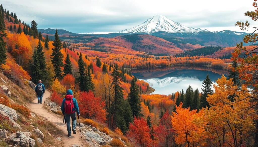 A panoramic scene of a seasonal adventure, capturing the vibrant and diverse landscapes of the United States. In the foreground, a group of hikers traverse a winding mountain trail, their backpacks and hiking gear signaling a journey into the great outdoors. The middle ground showcases a blend of autumnal colors, with trees ablaze in shades of red, orange, and gold, reflecting in a serene lake. In the distance, a snow-capped peak stands tall, its crisp, winter atmosphere contrasting with the warm hues of the fall foliage. Soft, diffused lighting illuminates the scene, creating a sense of wonder and exploration. The overall composition conveys a harmonious balance between the different seasons, inviting the viewer to embark on their own seasonal adventure. A panoramic scene of a seasonal adventure, capturing the vibrant and diverse landscapes of the United States. In the foreground, a group of hikers traverse a winding mountain trail, their backpacks and hiking gear signaling a journey into the great outdoors. The middle ground showcases a blend of autumnal colors, with trees ablaze in shades of red, orange, and gold, reflecting in a serene lake. In the distance, a snow-capped peak stands tall, its crisp, winter atmosphere contrasting with the warm hues of the fall foliage. Soft, diffused lighting illuminates the scene, creating a sense of wonder and exploration. The overall composition conveys a harmonious balance between the different seasons, inviting the viewer to embark on their own seasonal adventure.