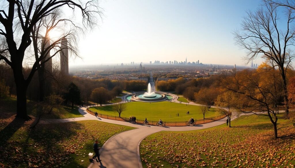 A panoramic view of Central Park in New York City, bathed in the golden glow of an autumn afternoon. In the foreground, a winding path meanders through a lush carpet of fallen leaves, lined with towering elm trees. In the middle ground, the iconic Bethesda Fountain stands proudly, its cascading waters sparkling in the warm sunlight. Beyond, the rolling hills and meadows of the park stretch out, dotted with joggers, cyclists, and families enjoying the tranquil setting. In the distance, the skyscrapers of the city skyline rise up, a striking contrast to the natural beauty of this urban oasis. The scene evokes a sense of peace and wonder, capturing the timeless allure of Central Park. A panoramic view of Central Park in New York City, bathed in the golden glow of an autumn afternoon. In the foreground, a winding path meanders through a lush carpet of fallen leaves, lined with towering elm trees. In the middle ground, the iconic Bethesda Fountain stands proudly, its cascading waters sparkling in the warm sunlight. Beyond, the rolling hills and meadows of the park stretch out, dotted with joggers, cyclists, and families enjoying the tranquil setting. In the distance, the skyscrapers of the city skyline rise up, a striking contrast to the natural beauty of this urban oasis. The scene evokes a sense of peace and wonder, capturing the timeless allure of Central Park.