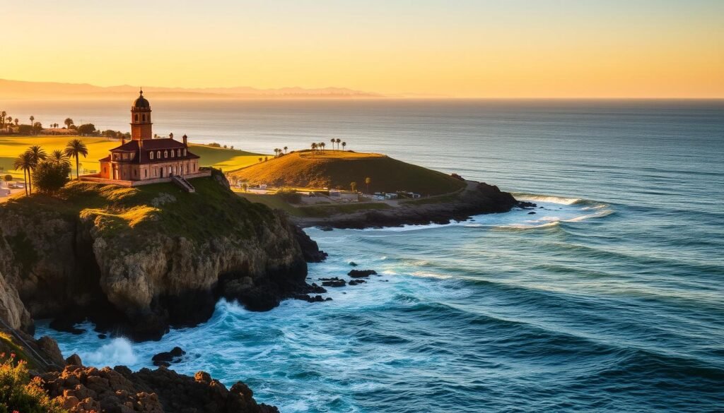 A panoramic view of Point Loma, San Diego, bathed in warm golden hour light. In the foreground, the historic Cabrillo National Monument stands atop the rugged cliffs, its striking Spanish colonial architecture contrasting with the crashing waves below. The middle ground features the lush, rolling hills of the peninsula, dotted with vibrant green foliage and the occasional palm tree. In the distance, the sparkling waters of the Pacific Ocean stretch out to the horizon, framed by the silhouettes of distant mountains. The scene conveys a sense of timeless beauty, history, and the enduring majesty of California's coastal landscape. A panoramic view of Point Loma, San Diego, bathed in warm golden hour light. In the foreground, the historic Cabrillo National Monument stands atop the rugged cliffs, its striking Spanish colonial architecture contrasting with the crashing waves below. The middle ground features the lush, rolling hills of the peninsula, dotted with vibrant green foliage and the occasional palm tree. In the distance, the sparkling waters of the Pacific Ocean stretch out to the horizon, framed by the silhouettes of distant mountains. The scene conveys a sense of timeless beauty, history, and the enduring majesty of California's coastal landscape.