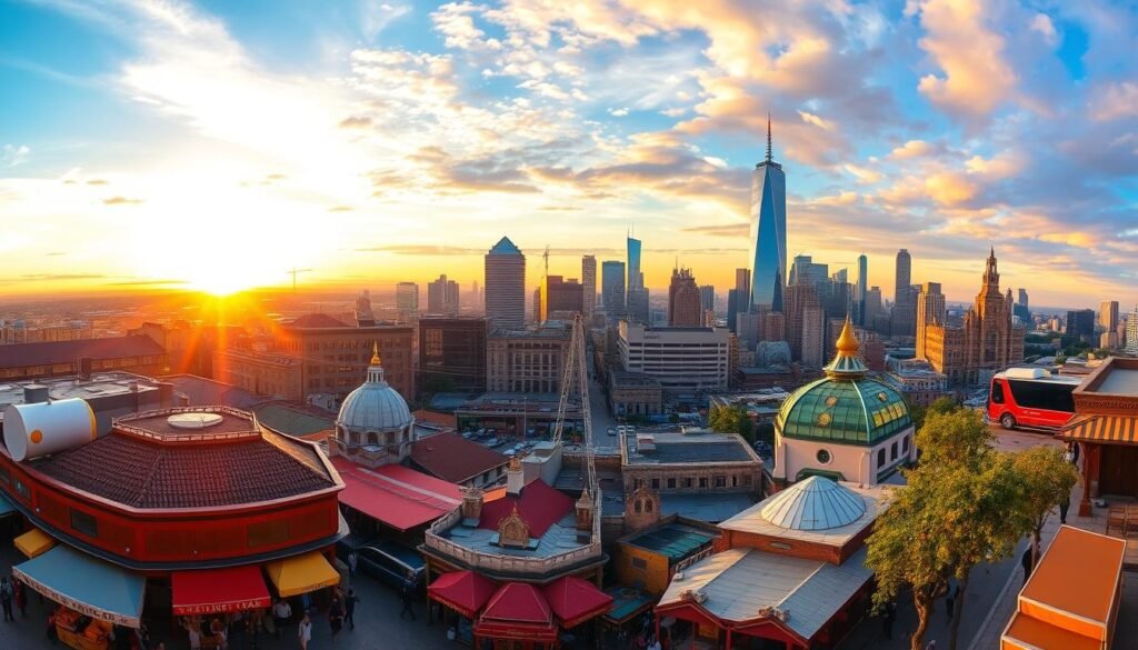 A panoramic view of a vibrant city skyline, bathed in the warm glow of the sun as it sets over the horizon. In the foreground, a bustling street scene with pedestrians, street vendors, and colorful awnings. In the middle ground, a mix of modern skyscrapers and historic landmarks, each with their own distinct architectural style. In the background, a vibrant array of colors, as the sky transitions from azure to golden hues. The scene captures the essence of a dynamic and thriving urban center, with each month offering its own unique highlights and experiences for the discerning visitor. A panoramic view of a vibrant city skyline, bathed in the warm glow of the sun as it sets over the horizon. In the foreground, a bustling street scene with pedestrians, street vendors, and colorful awnings. In the middle ground, a mix of modern skyscrapers and historic landmarks, each with their own distinct architectural style. In the background, a vibrant array of colors, as the sky transitions from azure to golden hues. The scene captures the essence of a dynamic and thriving urban center, with each month offering its own unique highlights and experiences for the discerning visitor.