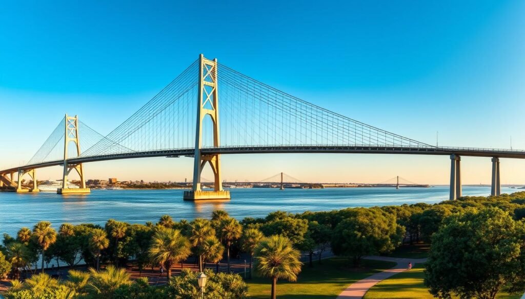 A panoramic view of the iconic Arthur Ravenel Jr. Bridge spanning the Cooper River in Charleston, South Carolina. The towering steel arches and graceful cables create a stunning silhouette against a serene blue sky, casting dramatic shadows across the tranquil waters below. In the foreground, the lush greenery of Riverfront Park lines the riverbank, inviting visitors to stroll along the scenic walkways and take in the breathtaking vistas. The warm golden light of the afternoon sun washes over the scene, infusing the image with a warm, inviting atmosphere that captures the vibrant character of this cherished Charleston landmark. A panoramic view of the iconic Arthur Ravenel Jr. Bridge spanning the Cooper River in Charleston, South Carolina. The towering steel arches and graceful cables create a stunning silhouette against a serene blue sky, casting dramatic shadows across the tranquil waters below. In the foreground, the lush greenery of Riverfront Park lines the riverbank, inviting visitors to stroll along the scenic walkways and take in the breathtaking vistas. The warm golden light of the afternoon sun washes over the scene, infusing the image with a warm, inviting atmosphere that captures the vibrant character of this cherished Charleston landmark.