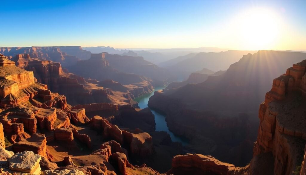 A panoramic view of the majestic Grand Canyon, captured from a prime vantage point on the South Rim. The foreground is dominated by the deep, rugged gorge, its layered rock formations casting dramatic shadows in the warm afternoon sunlight. In the middle ground, the iconic Colorado River winds its way through the canyon, its turquoise waters contrasting sharply with the ochre and amber hues of the surrounding landscape. The background is a breathtaking vista of distant buttes and mesas, their peaks bathed in a golden glow as the sun dips towards the horizon, evoking a sense of timeless, awe-inspiring beauty.