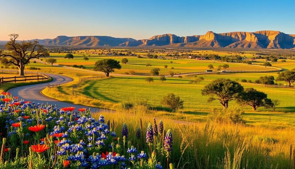 A panoramic view of the rolling Texas Hill Country bathed in golden afternoon light. In the foreground, a winding country road is lined with vibrant bluebonnets, Indian paintbrush, and other native wildflowers swaying gently in a soft breeze. The middle ground features a patchwork of lush green pastures dotted with gnarled oak trees and weathered wooden fences. In the distance, rugged limestone hills rise up, their slopes covered in a patchwork of vineyards, orchards, and small, charming towns. The scene exudes a sense of rustic tranquility, inviting the viewer to explore the natural beauty and idyllic countryside of this iconic Texas region.