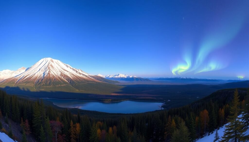A panoramic vista of Alaska's diverse seasons, captured in a single frame. In the foreground, a majestic snow-capped mountain range stands tall, its peaks piercing the crisp, azure sky. In the middle ground, a tranquil alpine lake reflects the vibrant hues of autumn foliage, while lush, verdant forests stretch towards the horizon. The background is a study in contrasts, with the warm, golden glow of summer's midnight sun melting into the deep indigo of a winter's night, punctuated by the otherworldly dance of the Northern Lights. The scene evokes a sense of timeless wonder, inviting the viewer to experience the ever-changing tapestry of Alaska's natural beauty. A panoramic vista of Alaska's diverse seasons, captured in a single frame. In the foreground, a majestic snow-capped mountain range stands tall, its peaks piercing the crisp, azure sky. In the middle ground, a tranquil alpine lake reflects the vibrant hues of autumn foliage, while lush, verdant forests stretch towards the horizon. The background is a study in contrasts, with the warm, golden glow of summer's midnight sun melting into the deep indigo of a winter's night, punctuated by the otherworldly dance of the Northern Lights. The scene evokes a sense of timeless wonder, inviting the viewer to experience the ever-changing tapestry of Alaska's natural beauty.