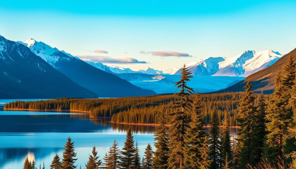 A panoramic vista of the Alaskan landscape bathed in the soft, golden glow of the daylight hours. In the foreground, a pristine lake reflects the surrounding mountains, their snow-capped peaks reaching towards a cloudless, azure sky. The middle ground features a lush, verdant forest, its towering evergreens swaying gently in the cool, crisp breeze. In the distance, a majestic glacier glistens, its icy facade illuminated by the warm, diffused sunlight. The overall scene conveys a sense of tranquility, serenity, and the natural beauty that defines the Alaskan wilderness during the daylight hours. A panoramic vista of the Alaskan landscape bathed in the soft, golden glow of the daylight hours. In the foreground, a pristine lake reflects the surrounding mountains, their snow-capped peaks reaching towards a cloudless, azure sky. The middle ground features a lush, verdant forest, its towering evergreens swaying gently in the cool, crisp breeze. In the distance, a majestic glacier glistens, its icy facade illuminated by the warm, diffused sunlight. The overall scene conveys a sense of tranquility, serenity, and the natural beauty that defines the Alaskan wilderness during the daylight hours.