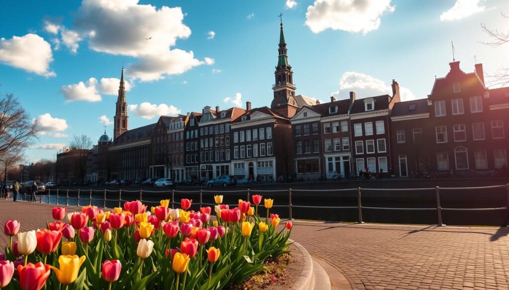 A picturesque Amsterdam street scene on a sunny spring day, with a gentle breeze and fluffy white clouds drifting overhead. The foreground features colorful tulips in full bloom lining the cobblestone path, while in the middle ground, historic canal-side buildings with charming gabled roofs and bicycles parked along the waterway create a quintessential Dutch landscape. The background showcases the city's iconic landmarks, including the Westerkerk church tower, bathed in warm, golden light that casts long shadows across the scene. The overall atmosphere conveys a sense of tranquility, inviting the viewer to imagine strolling through the city on a pleasant, temperate day.