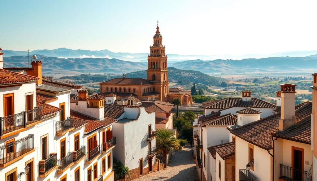 A picturesque Andalucían cityscape bathed in warm Mediterranean light. In the foreground, narrow cobblestone streets wind through a historic quarter, flanked by whitewashed buildings with wrought-iron balconies and terracotta roofs. In the middle ground, a magnificent Moorish-style cathedral towers over the skyline, its ornate spires and domes gleaming in the sun. Beyond, rolling hills dotted with olive groves and vineyards stretch towards the horizon, hazy blue mountains rising in the distance. The scene exudes a timeless, romantic ambiance, capturing the essence of Andalucía's rich cultural heritage and natural beauty. A picturesque Andalucían cityscape bathed in warm Mediterranean light. In the foreground, narrow cobblestone streets wind through a historic quarter, flanked by whitewashed buildings with wrought-iron balconies and terracotta roofs. In the middle ground, a magnificent Moorish-style cathedral towers over the skyline, its ornate spires and domes gleaming in the sun. Beyond, rolling hills dotted with olive groves and vineyards stretch towards the horizon, hazy blue mountains rising in the distance. The scene exudes a timeless, romantic ambiance, capturing the essence of Andalucía's rich cultural heritage and natural beauty.