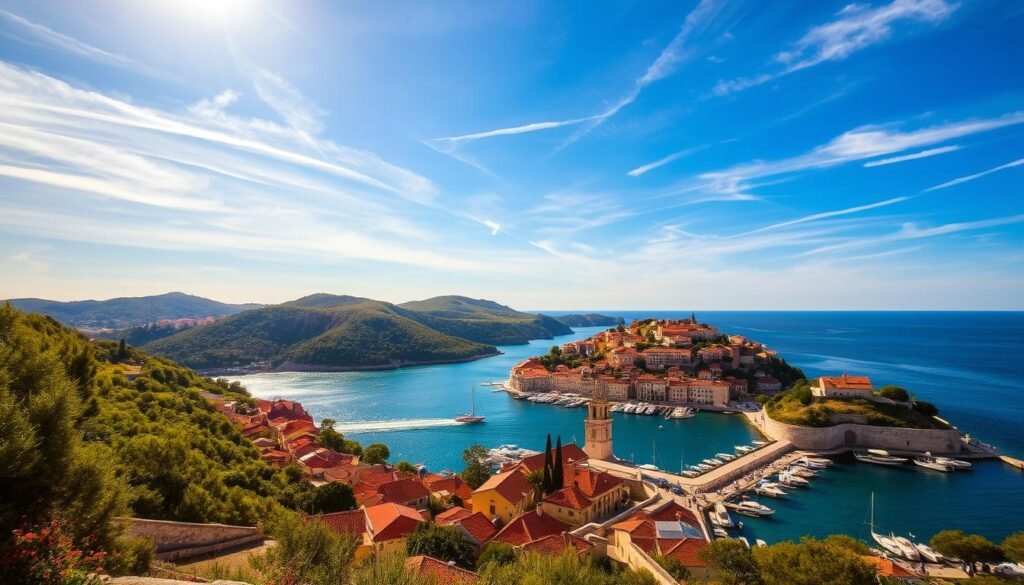 A picturesque Croatian island in the Adriatic Sea, bathed in golden afternoon sunlight. Lush, verdant hills dotted with ancient stone buildings cascade down to a sparkling azure sea. In the foreground, a charming harbor bustles with local boats and ferries, while sun-dappled stone pathways wind through the charming old town. Overhead, wispy clouds drift across a brilliant blue sky. The scene exudes a timeless, tranquil atmosphere, inviting the viewer to imagine the joys of exploring this island paradise at the ideal time of year. A picturesque Croatian island in the Adriatic Sea, bathed in golden afternoon sunlight. Lush, verdant hills dotted with ancient stone buildings cascade down to a sparkling azure sea. In the foreground, a charming harbor bustles with local boats and ferries, while sun-dappled stone pathways wind through the charming old town. Overhead, wispy clouds drift across a brilliant blue sky. The scene exudes a timeless, tranquil atmosphere, inviting the viewer to imagine the joys of exploring this island paradise at the ideal time of year.