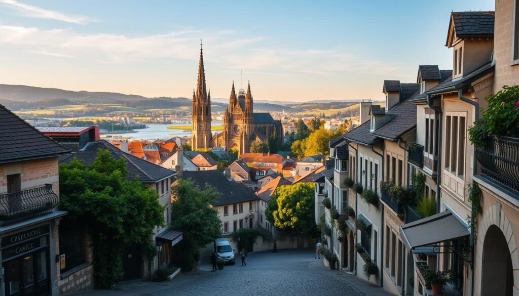 A picturesque European cityscape, captured in the golden hour light. In the foreground, a cobblestone street winds past charming cafes and boutiques, their facades adorned with intricate architectural details. The middle ground features a historic cathedral, its spires reaching toward the sky, surrounded by quaint townhouses and lush greenery. In the background, rolling hills and a meandering river create a serene, idyllic backdrop. The scene exudes a sense of timeless elegance and understated beauty, inviting the viewer to explore the hidden gems of this underrated European destination. A picturesque European cityscape, captured in the golden hour light. In the foreground, a cobblestone street winds past charming cafes and boutiques, their facades adorned with intricate architectural details. The middle ground features a historic cathedral, its spires reaching toward the sky, surrounded by quaint townhouses and lush greenery. In the background, rolling hills and a meandering river create a serene, idyllic backdrop. The scene exudes a sense of timeless elegance and understated beauty, inviting the viewer to explore the hidden gems of this underrated European destination.