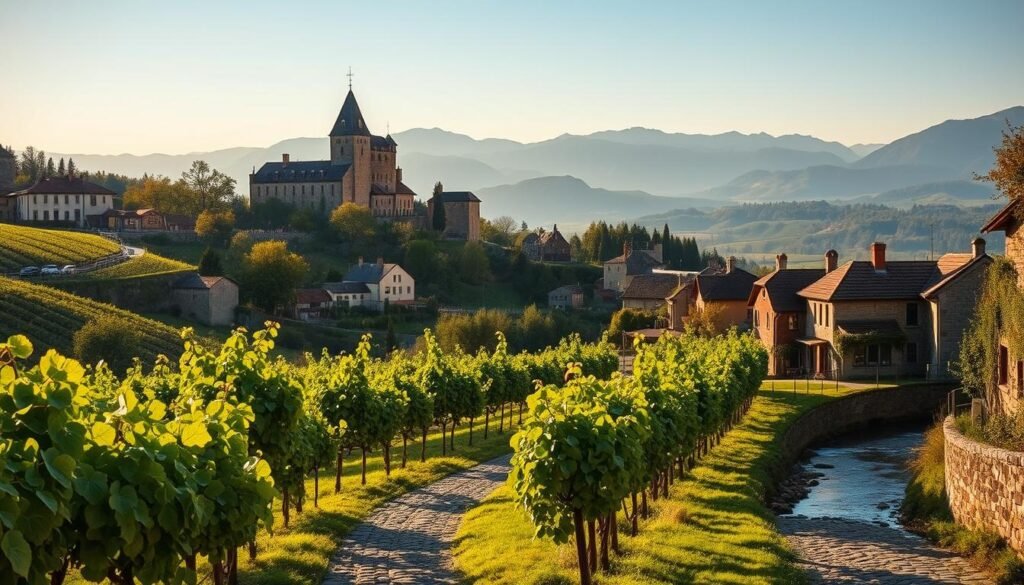 A picturesque European wine country landscape, bathed in warm, golden afternoon sunlight. In the foreground, a winding cobblestone path leads past lush, verdant vineyards, their carefully tended vines heavy with plump, ripe grapes. Interspersed among the vines, quaint stone cottages and farmhouses dot the rolling hills, their charming, rustic architecture reflected in the tranquil waters of a nearby stream. In the distance, a centuries-old castle towers majestically, its turrets and spires silhouetted against a backdrop of hazy, azure mountains. The overall scene exudes a sense of timeless, fairytale-like enchantment, inviting the viewer to immerse themselves in the captivating cross-border flavors of this idyllic European wine country. A picturesque European wine country landscape, bathed in warm, golden afternoon sunlight. In the foreground, a winding cobblestone path leads past lush, verdant vineyards, their carefully tended vines heavy with plump, ripe grapes. Interspersed among the vines, quaint stone cottages and farmhouses dot the rolling hills, their charming, rustic architecture reflected in the tranquil waters of a nearby stream. In the distance, a centuries-old castle towers majestically, its turrets and spires silhouetted against a backdrop of hazy, azure mountains. The overall scene exudes a sense of timeless, fairytale-like enchantment, inviting the viewer to immerse themselves in the captivating cross-border flavors of this idyllic European wine country.