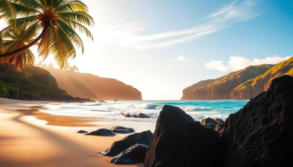 A picturesque Hāna beach with gently lapping turquoise waves, framed by swaying palm trees and lush, verdant cliffs. The warm, golden sunlight casts a soft, diffused glow, creating a serene and tranquil atmosphere. In the foreground, smooth, black volcanic rocks jut out from the sand, adding natural contrast. Wisps of clouds drift across the azure sky, hinting at the tropical island paradise. The scene evokes a sense of laid-back, affordable luxury - a hidden gem where one can truly unwind and immerse themselves in the beauty of Maui's natural wonders. A picturesque Hāna beach with gently lapping turquoise waves, framed by swaying palm trees and lush, verdant cliffs. The warm, golden sunlight casts a soft, diffused glow, creating a serene and tranquil atmosphere. In the foreground, smooth, black volcanic rocks jut out from the sand, adding natural contrast. Wisps of clouds drift across the azure sky, hinting at the tropical island paradise. The scene evokes a sense of laid-back, affordable luxury - a hidden gem where one can truly unwind and immerse themselves in the beauty of Maui's natural wonders.