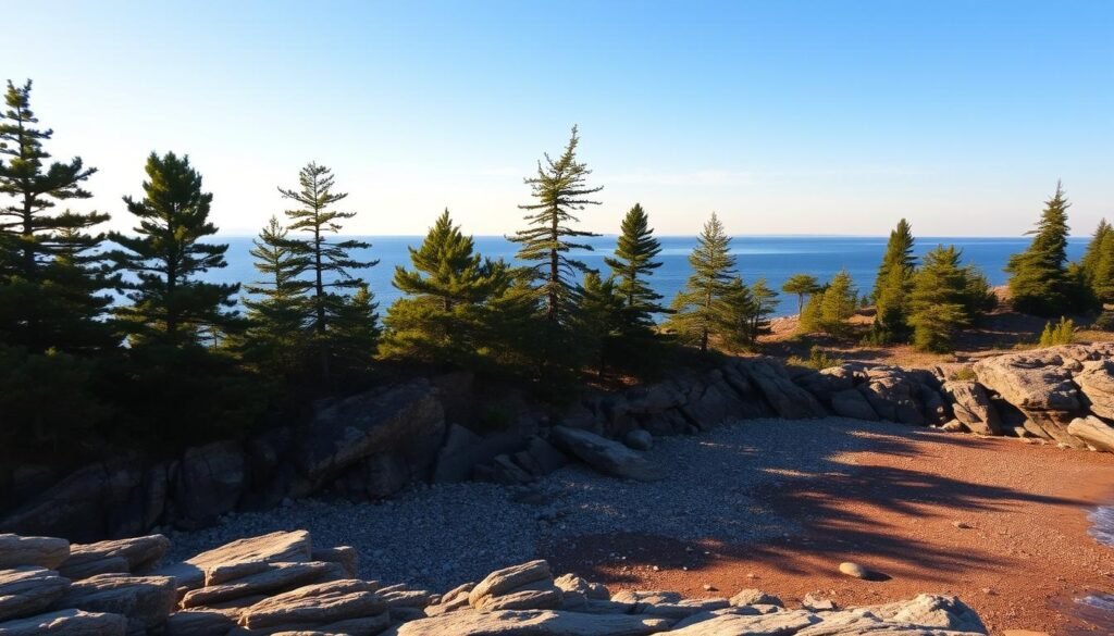 A picturesque Lake Superior shoreline, with rugged cliffs and pebbled beaches stretching out in the foreground. Towering pine trees line the middle ground, their verdant canopies casting dappled shadows on the rocky terrain. In the distance, the vast expanse of the lake shimmers under a warm, golden light, the horizon blending seamlessly with the azure sky. A serene, majestic scene that captures the essence of Michigan's Upper Peninsula and its natural wonder.