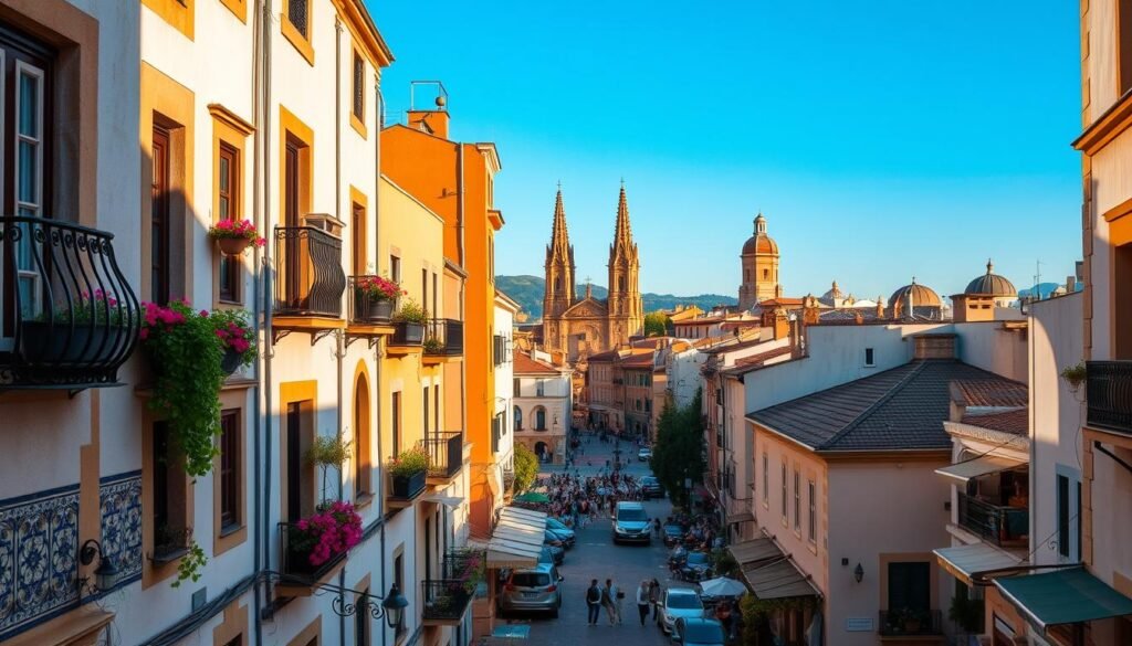 A picturesque Mediterranean cityscape bathed in warm, golden sunlight. Charming narrow streets lined with whitewashed buildings, their facades adorned with vibrant tiles in shades of blue, ochre, and terracotta. Intricate wrought-iron balconies and window boxes overflowing with cascading flowers. In the middle distance, a bustling central plaza where locals and tourists mingle, sipping rich espresso and savoring tapas at lively sidewalk cafes. Towering church spires and domed rooftops rise in the background, silhouetted against a brilliant azure sky. A tranquil, unhurried atmosphere pervades the scene, capturing the essence of southern European urban bliss. A picturesque Mediterranean cityscape bathed in warm, golden sunlight. Charming narrow streets lined with whitewashed buildings, their facades adorned with vibrant tiles in shades of blue, ochre, and terracotta. Intricate wrought-iron balconies and window boxes overflowing with cascading flowers. In the middle distance, a bustling central plaza where locals and tourists mingle, sipping rich espresso and savoring tapas at lively sidewalk cafes. Towering church spires and domed rooftops rise in the background, silhouetted against a brilliant azure sky. A tranquil, unhurried atmosphere pervades the scene, capturing the essence of southern European urban bliss.