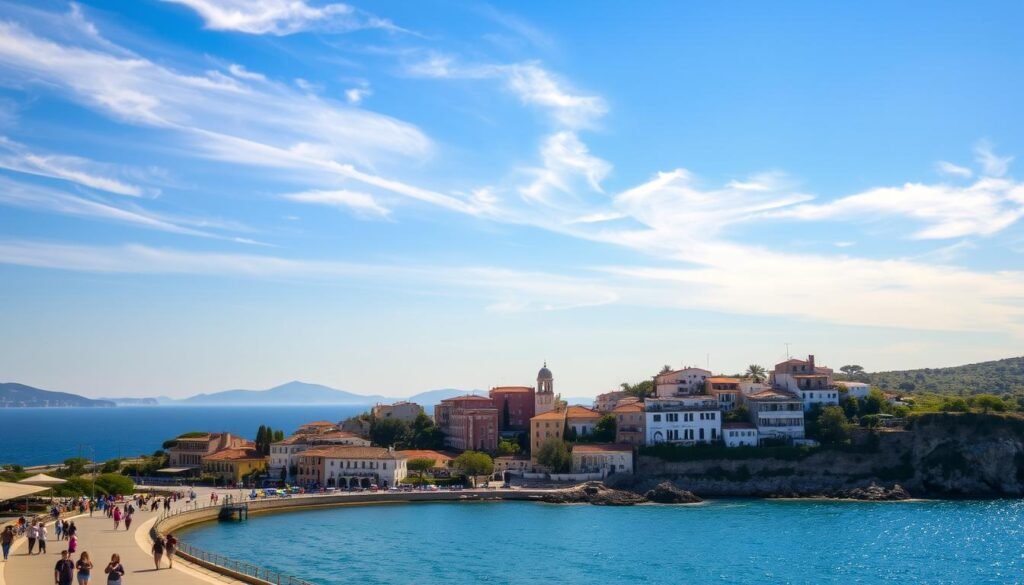 A picturesque Mediterranean landscape on a mild, sunny day. In the foreground, a tranquil seaside promenade with people leisurely strolling, enjoying the warm, gentle breeze. In the middle ground, whitewashed buildings with terracotta roofs cascade down a hillside, their colorful facades bathed in a soft, golden light. In the background, a sparkling azure sea meets the horizon, with distant islands or mountains hazy on the horizon. Wispy clouds drift across a bright, cerulean sky, casting gentle shadows on the scene below. The overall atmosphere is one of relaxation, serenity, and the carefree spirit of a Mediterranean escape. A picturesque Mediterranean landscape on a mild, sunny day. In the foreground, a tranquil seaside promenade with people leisurely strolling, enjoying the warm, gentle breeze. In the middle ground, whitewashed buildings with terracotta roofs cascade down a hillside, their colorful facades bathed in a soft, golden light. In the background, a sparkling azure sea meets the horizon, with distant islands or mountains hazy on the horizon. Wispy clouds drift across a bright, cerulean sky, casting gentle shadows on the scene below. The overall atmosphere is one of relaxation, serenity, and the carefree spirit of a Mediterranean escape.