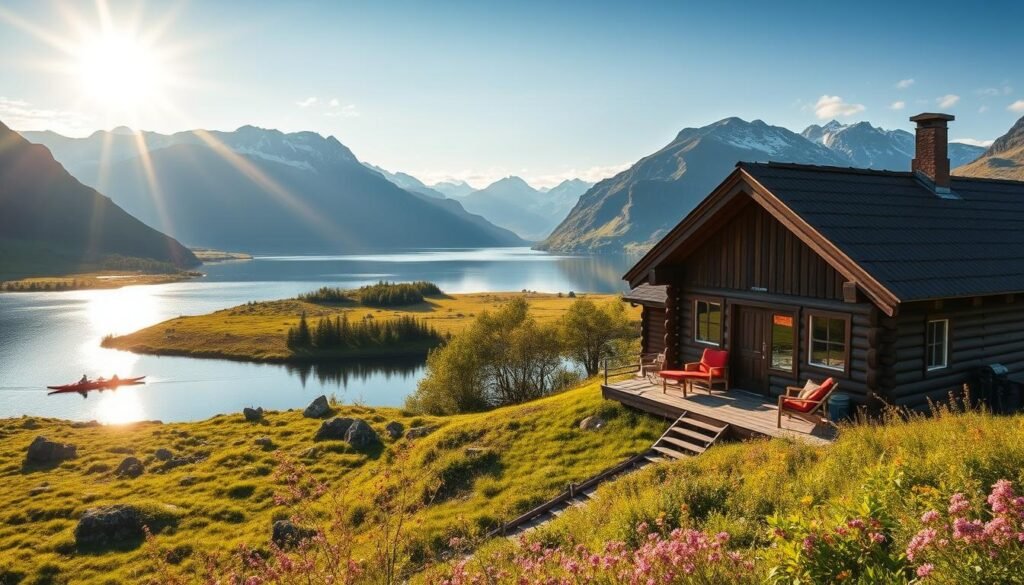 A picturesque Norwegian landscape bathed in the warm glow of the summer sun, with snow-capped mountains in the distance and a serene fjord reflecting the natural beauty. In the foreground, a charming traditional wooden cabin nestled amidst verdant meadows and wildflowers. A cozy patio overlooks the tranquil waters, where a group of kayakers glide peacefully. The scene is infused with a sense of serenity and adventure, inviting the viewer to immerse themselves in the best of Norway's summertime splendor. A picturesque Norwegian landscape bathed in the warm glow of the summer sun, with snow-capped mountains in the distance and a serene fjord reflecting the natural beauty. In the foreground, a charming traditional wooden cabin nestled amidst verdant meadows and wildflowers. A cozy patio overlooks the tranquil waters, where a group of kayakers glide peacefully. The scene is infused with a sense of serenity and adventure, inviting the viewer to immerse themselves in the best of Norway's summertime splendor.