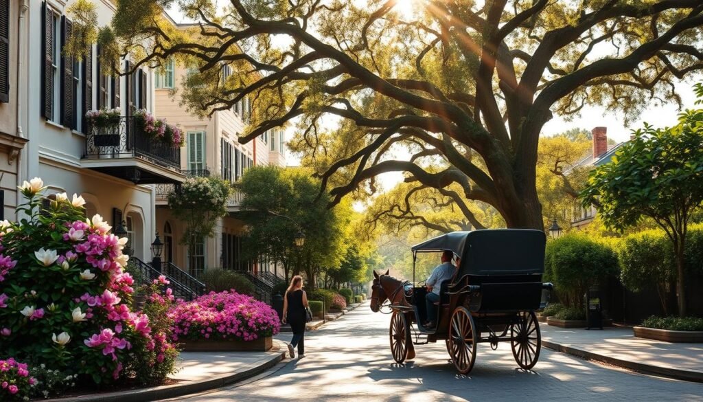 A picturesque Southern city in full bloom, Charleston, South Carolina. Cobblestone streets lined with historic antebellum mansions, their wrought-iron balconies draped in fragrant magnolia blossoms. Lush gardens burst with colorful azaleas and jasmine vines, their sweet scent carried on a gentle breeze. In the foreground, a horse-drawn carriage clip-clops past, its passengers admiring the stunning architecture and flourishing flora. Sunlight filters through the canopy of live oak trees, casting a warm, golden glow over the scene. This is the essence of Southern charm, a timeless beauty that captivates all who visit. A picturesque Southern city in full bloom, Charleston, South Carolina. Cobblestone streets lined with historic antebellum mansions, their wrought-iron balconies draped in fragrant magnolia blossoms. Lush gardens burst with colorful azaleas and jasmine vines, their sweet scent carried on a gentle breeze. In the foreground, a horse-drawn carriage clip-clops past, its passengers admiring the stunning architecture and flourishing flora. Sunlight filters through the canopy of live oak trees, casting a warm, golden glow over the scene. This is the essence of Southern charm, a timeless beauty that captivates all who visit.