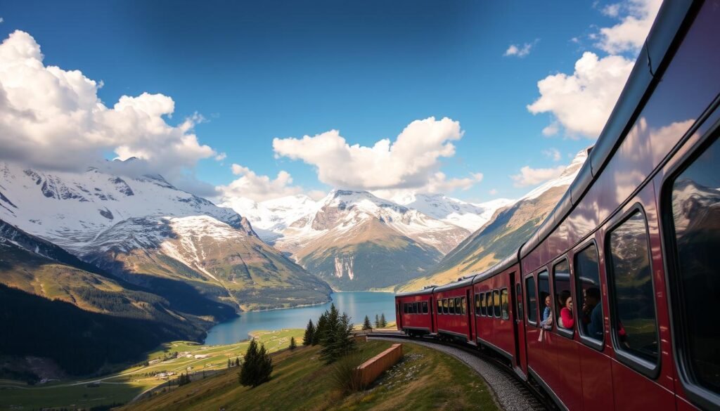 A picturesque Swiss train snaking through majestic alpine landscapes, cutting through snow-capped peaks and pristine valleys. Dramatic clouds drift overhead, casting dramatic shadows on the rugged terrain. The train carriages reflect the rich hues of the surrounding environment - deep greens, brilliant whites, and vibrant blues. Passengers gaze out of large windows, taking in the breathtaking vistas. The train rounds a gentle curve, revealing a shimmering lake nestled between towering mountains. A warm, golden light bathes the scene, evoking a sense of tranquility and wonder. The composition showcases the seamless integration of the train into the captivating Swiss scenery. A picturesque Swiss train snaking through majestic alpine landscapes, cutting through snow-capped peaks and pristine valleys. Dramatic clouds drift overhead, casting dramatic shadows on the rugged terrain. The train carriages reflect the rich hues of the surrounding environment - deep greens, brilliant whites, and vibrant blues. Passengers gaze out of large windows, taking in the breathtaking vistas. The train rounds a gentle curve, revealing a shimmering lake nestled between towering mountains. A warm, golden light bathes the scene, evoking a sense of tranquility and wonder. The composition showcases the seamless integration of the train into the captivating Swiss scenery.