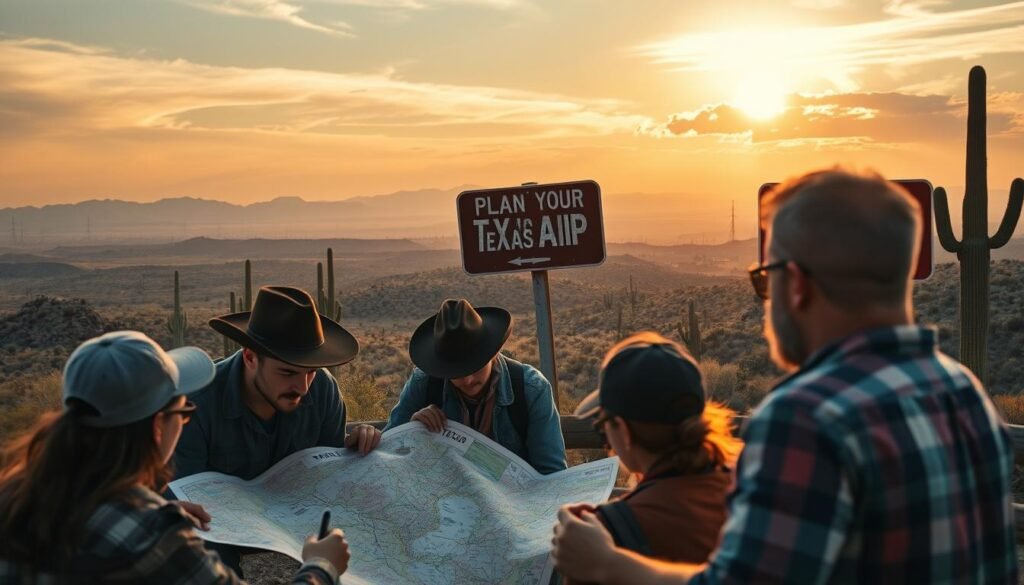 A picturesque Texas landscape unfolds, showcasing the diverse wonders of the Lone Star State. In the foreground, a group of adventurers pore over a detailed map, planning their itinerary with care. The middle ground features a vintage road sign pointing towards captivating destinations, inviting exploration. In the background, a panoramic vista reveals rolling hills, towering cacti, and a boundless sky bathed in the warm glow of the sun. The overall atmosphere exudes a sense of anticipation and wonder, capturing the essence of the "Plan Your Texas Trip" section. The image is rendered in a cinematic, high-resolution style, with a focus on realistic details and a balanced, cohesive composition.