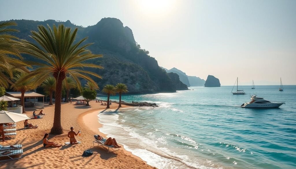 A picturesque Turkish beach scene with a vibrant blue-green sea, gently lapping waves, and a backdrop of towering cliffs. In the foreground, sunbathers relax on the soft, golden sand, sipping refreshing drinks at a chic beach club. Swaying palm trees cast dappled shadows, creating a serene, easy-breezy atmosphere. The sun glimmers through a hazy sky, casting a warm, golden glow over the secluded bay. Sleek yachts and sailboats dot the horizon, adding to the sense of tranquil, resort-style living. The entire scene exudes a Mediterranean charm and laidback sophistication.