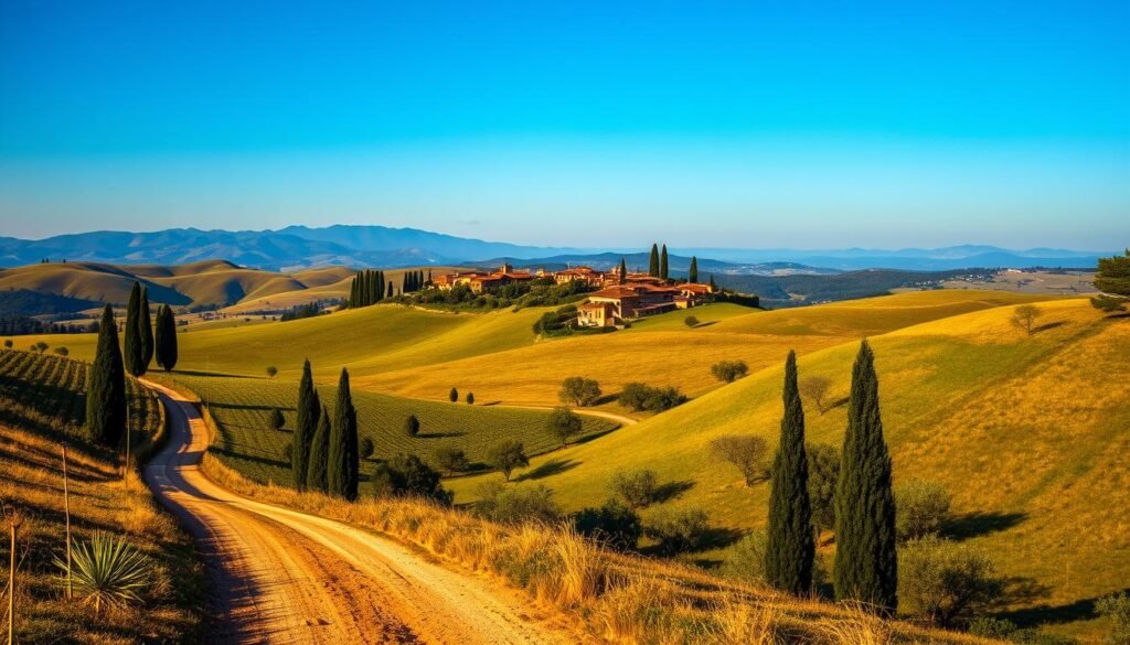 A picturesque Tuscan countryside landscape, bathed in warm, golden sunlight. In the foreground, a winding dirt road meanders through lush, rolling hills dotted with clusters of cypress trees. In the middle ground, a charming hilltop village with red-tiled roofs and medieval architecture nestles among the verdant slopes. In the distance, the hazy blue silhouettes of faraway mountains rise against a clear, azure sky. The scene exudes a timeless, serene atmosphere, inviting the viewer to explore the enchanting Tuscan wine roads and savor the idyllic, cypress-lined dreams. A picturesque Tuscan countryside landscape, bathed in warm, golden sunlight. In the foreground, a winding dirt road meanders through lush, rolling hills dotted with clusters of cypress trees. In the middle ground, a charming hilltop village with red-tiled roofs and medieval architecture nestles among the verdant slopes. In the distance, the hazy blue silhouettes of faraway mountains rise against a clear, azure sky. The scene exudes a timeless, serene atmosphere, inviting the viewer to explore the enchanting Tuscan wine roads and savor the idyllic, cypress-lined dreams.