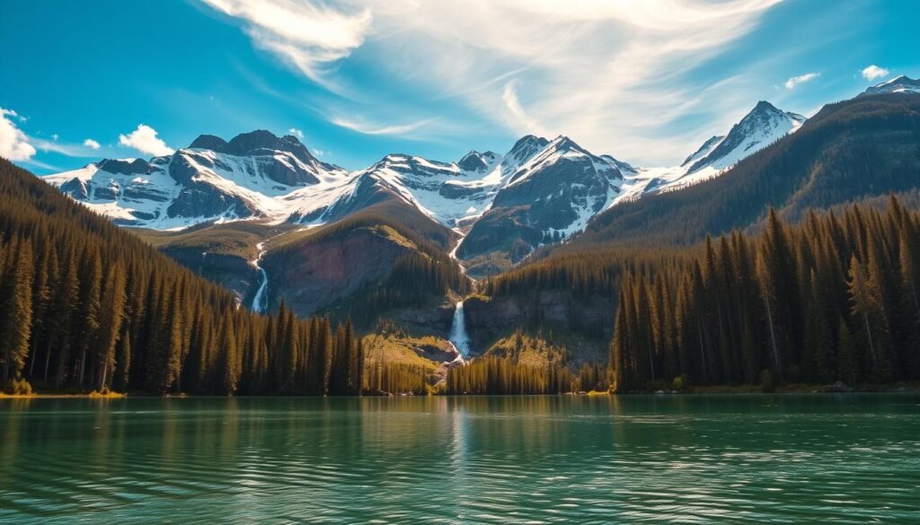 A picturesque alpine landscape in the heart of Washington's North Cascades, with crystal-clear emerald waters reflecting the towering snow-capped peaks and lush evergreen forests. The foreground features a serene lake or river, its surface gently rippled by a soft breeze. In the middle ground, rugged granite cliffs and cascading waterfalls emerge from the dense vegetation. The background is dominated by majestic mountains, their slopes dusted with fresh snow and bathed in warm, golden sunlight filtering through wispy clouds. The scene conveys a sense of tranquility, power, and unspoiled natural beauty, capturing the essence of the Pacific Northwest's breathtaking wilderness. A picturesque alpine landscape in the heart of Washington's North Cascades, with crystal-clear emerald waters reflecting the towering snow-capped peaks and lush evergreen forests. The foreground features a serene lake or river, its surface gently rippled by a soft breeze. In the middle ground, rugged granite cliffs and cascading waterfalls emerge from the dense vegetation. The background is dominated by majestic mountains, their slopes dusted with fresh snow and bathed in warm, golden sunlight filtering through wispy clouds. The scene conveys a sense of tranquility, power, and unspoiled natural beauty, capturing the essence of the Pacific Northwest's breathtaking wilderness.