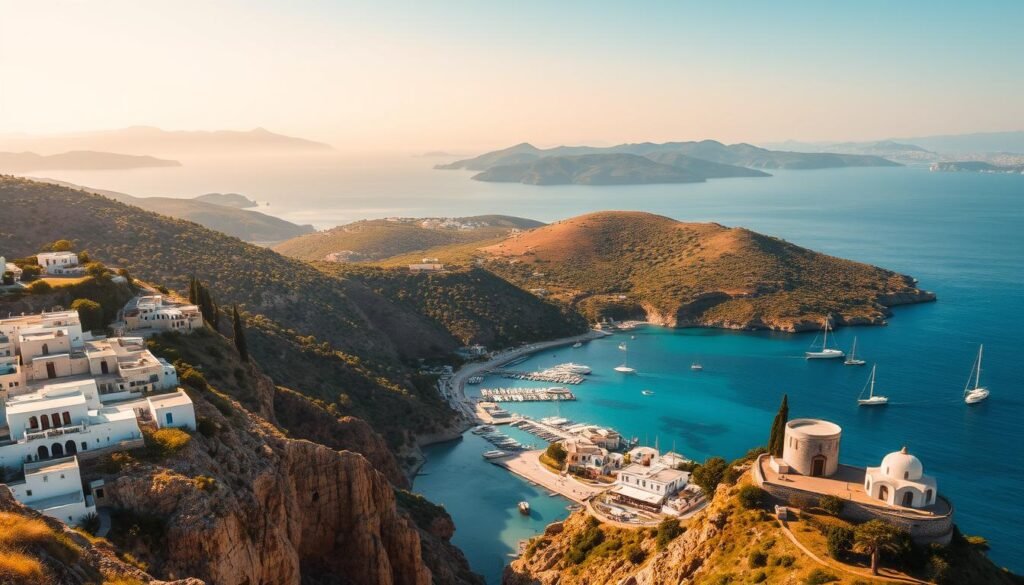 A picturesque archipelago of pristine Greek islands, basking in the warm Mediterranean sun. In the foreground, rugged cliffs and ancient whitewashed houses cascade down to azure waters, where sailboats and fishing boats dot the horizon. The midground features lush, verdant hills dotted with olive groves and cypress trees, while the background showcases the majestic silhouettes of neighboring islands, hazy in the distance. The scene is bathed in a golden, magical light, creating a timeless, serene atmosphere that evokes the timeless allure of the Greek islands. A picturesque archipelago of pristine Greek islands, basking in the warm Mediterranean sun. In the foreground, rugged cliffs and ancient whitewashed houses cascade down to azure waters, where sailboats and fishing boats dot the horizon. The midground features lush, verdant hills dotted with olive groves and cypress trees, while the background showcases the majestic silhouettes of neighboring islands, hazy in the distance. The scene is bathed in a golden, magical light, creating a timeless, serene atmosphere that evokes the timeless allure of the Greek islands.