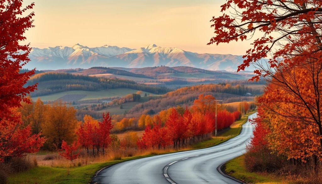 A picturesque autumn landscape in Europe, captured with a wide-angle lens. In the foreground, a winding country road flanked by vibrant red and gold foliage. In the middle ground, rolling hills covered in a patchwork of vineyards and orchards, their leaves ablaze with seasonal hues. The background features a distant mountain range, its peaks dusted with a light layer of snow, bathed in the warm, golden glow of the setting sun. The scene is imbued with a sense of tranquility and contemplation, inviting the viewer to immerse themselves in the beauty of the European fall. A picturesque autumn landscape in Europe, captured with a wide-angle lens. In the foreground, a winding country road flanked by vibrant red and gold foliage. In the middle ground, rolling hills covered in a patchwork of vineyards and orchards, their leaves ablaze with seasonal hues. The background features a distant mountain range, its peaks dusted with a light layer of snow, bathed in the warm, golden glow of the setting sun. The scene is imbued with a sense of tranquility and contemplation, inviting the viewer to immerse themselves in the beauty of the European fall.