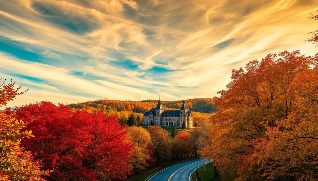 A picturesque autumn scene in Asheville, North Carolina. In the foreground, vibrant crimson and golden leaves cascade down the lush, rolling hills of the Blue Ridge Parkway. Towering deciduous trees line the winding road, their branches casting dappled shadows across the path. In the middle ground, the iconic Biltmore Estate stands majestically, its grand facade framed by the changing foliage. The sky above is a stunning blend of azure and wispy clouds, illuminated by the warm, golden light of the September sun. A sense of tranquility and wonder permeates the air, inviting the viewer to immerse themselves in the natural beauty of this captivating mountain town. A picturesque autumn scene in Asheville, North Carolina. In the foreground, vibrant crimson and golden leaves cascade down the lush, rolling hills of the Blue Ridge Parkway. Towering deciduous trees line the winding road, their branches casting dappled shadows across the path. In the middle ground, the iconic Biltmore Estate stands majestically, its grand facade framed by the changing foliage. The sky above is a stunning blend of azure and wispy clouds, illuminated by the warm, golden light of the September sun. A sense of tranquility and wonder permeates the air, inviting the viewer to immerse themselves in the natural beauty of this captivating mountain town.