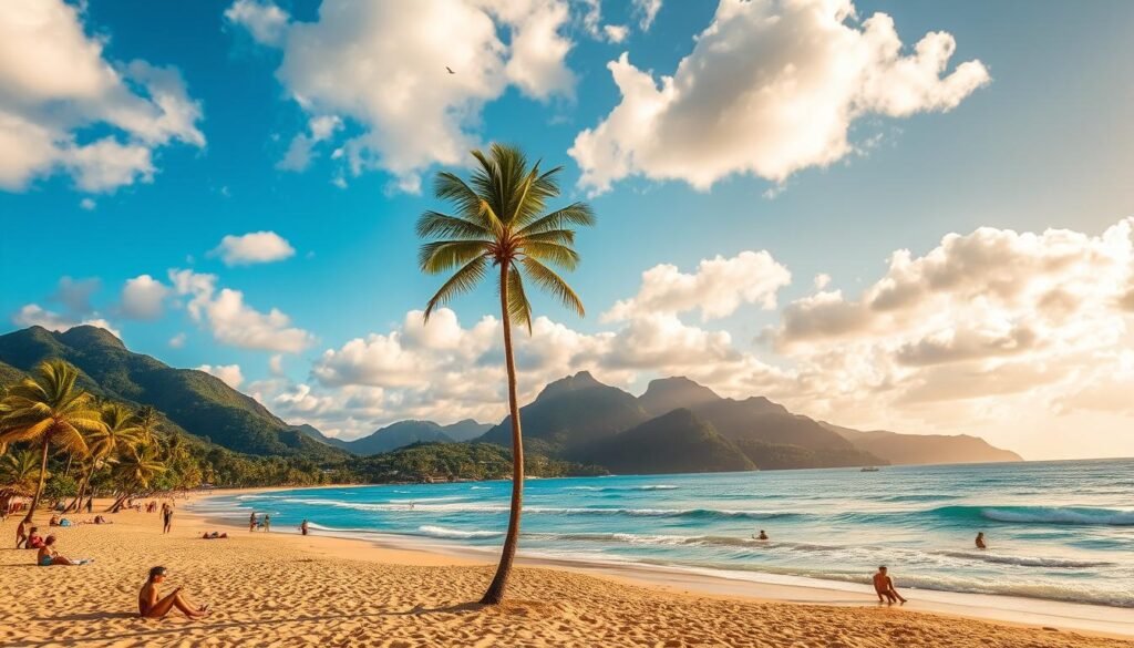 A picturesque beach in Brazil during the ideal time to visit, with golden sands, crystal-clear turquoise waters, and a vibrant blue sky dotted with fluffy white clouds. In the foreground, sunbathers and beachgoers enjoy the warm tropical climate, while in the middle ground, palm trees sway gently in the ocean breeze. In the background, lush green hills and mountains rise up, creating a stunning natural backdrop. The scene is bathed in warm, golden sunlight, creating a serene and inviting atmosphere that captures the essence of the best time to experience Brazil's beautiful beaches.
