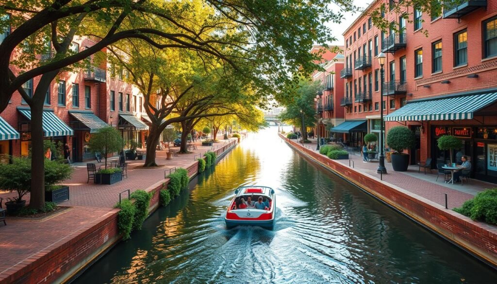 A picturesque canal winding through the heart of Bricktown, Oklahoma City. Lined with red brick buildings and cobbled paths, the tranquil waters reflect the vibrant city skyline. A water taxi glides gracefully, ferrying passengers along the serene route. Lush greenery and lively storefronts create a charming, pedestrian-friendly atmosphere. Warm afternoon sunlight filters through the trees, casting a soft, golden glow over the scene. Capture the essence of this beloved urban oasis, a hub of activity and entertainment in the bustling city.