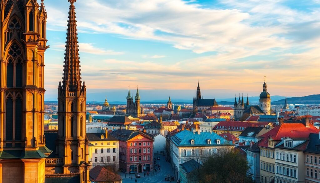 A picturesque cityscape of Europe's most captivating metropolises, bathed in the warm glow of a golden hour sunset. In the foreground, a stunning cathedral spire rises majestically, its intricate Gothic architecture silhouetted against the vibrant sky. In the middle ground, quaint cobblestone streets wind through a charming old town, lined with colorful, historic buildings and lively cafes. In the background, the skyline is dotted with iconic landmarks - from the iconic domes of St. Petersburg to the towering spires of Prague, each city a unique jewel in Europe's crown. The scene exudes a sense of timeless elegance and allure, inviting the viewer to explore the wonders that await in these enchanting European destinations. A picturesque cityscape of Europe's most captivating metropolises, bathed in the warm glow of a golden hour sunset. In the foreground, a stunning cathedral spire rises majestically, its intricate Gothic architecture silhouetted against the vibrant sky. In the middle ground, quaint cobblestone streets wind through a charming old town, lined with colorful, historic buildings and lively cafes. In the background, the skyline is dotted with iconic landmarks - from the iconic domes of St. Petersburg to the towering spires of Prague, each city a unique jewel in Europe's crown. The scene exudes a sense of timeless elegance and allure, inviting the viewer to explore the wonders that await in these enchanting European destinations.