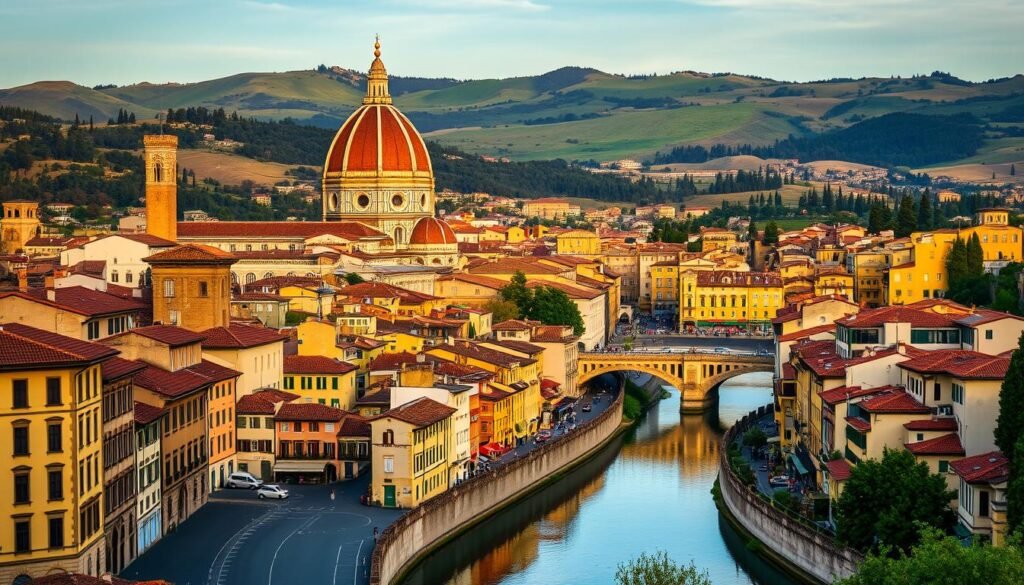 A picturesque cityscape of Florence, the iconic Renaissance city nestled in the heart of Tuscany. In the foreground, the magnificent Duomo cathedral rises majestically, its domed rooftop and intricate facade bathed in warm, golden light. In the middle ground, winding cobblestone streets are flanked by quaint terracotta-roofed buildings, their colorful facades casting vibrant reflections in the tranquil waters of the Arno River. In the distance, the rolling hills of the Tuscan countryside frame the scene, their verdant slopes dotted with cypress trees and charming hillside villages. The overall atmosphere is one of timeless beauty, history, and artistic inspiration, capturing the essence of this beloved Italian destination.