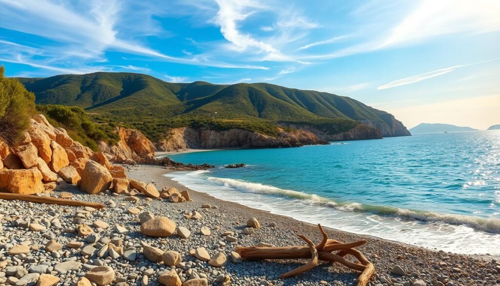 A picturesque coastal landscape along the Adriatic Sea, with rugged cliffs and pebble beaches lapped by turquoise waters. In the foreground, a sun-dappled shoreline dotted with smooth rocks and driftwood. Undulating hills covered in lush Mediterranean vegetation rise in the middle distance, their slopes cascading down to meet the sea. In the background, a horizon line where the azure sky meets the shimmering water, punctuated by the silhouettes of distant islands. Warm, golden sunlight filters through wispy clouds, casting a soft, golden glow over the entire scene. Captured through the lens of a wide-angle camera, offering a sweeping, panoramic view that evokes the tranquility and natural beauty of Croatia's coastal regions. A picturesque coastal landscape along the Adriatic Sea, with rugged cliffs and pebble beaches lapped by turquoise waters. In the foreground, a sun-dappled shoreline dotted with smooth rocks and driftwood. Undulating hills covered in lush Mediterranean vegetation rise in the middle distance, their slopes cascading down to meet the sea. In the background, a horizon line where the azure sky meets the shimmering water, punctuated by the silhouettes of distant islands. Warm, golden sunlight filters through wispy clouds, casting a soft, golden glow over the entire scene. Captured through the lens of a wide-angle camera, offering a sweeping, panoramic view that evokes the tranquility and natural beauty of Croatia's coastal regions.