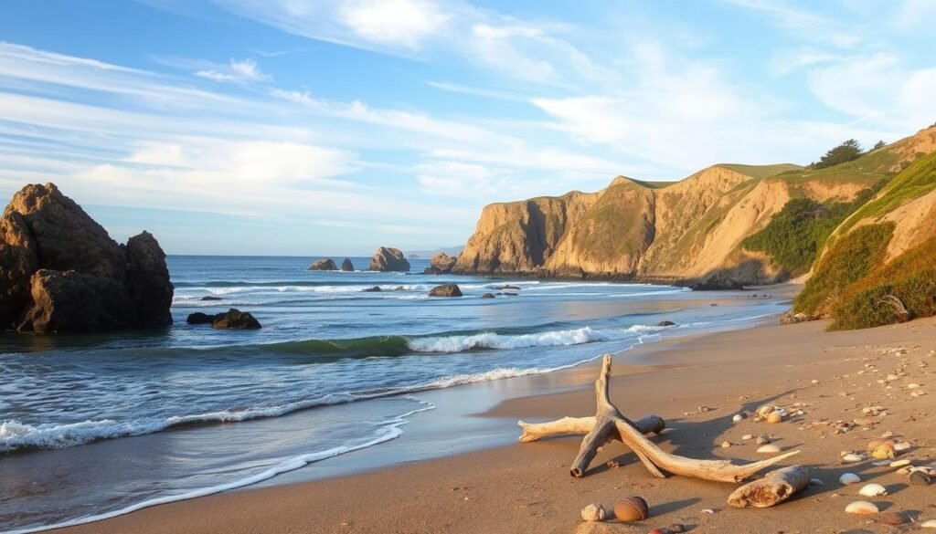 A picturesque coastal landscape of Half Moon Bay, California, bathed in the warm glow of the summer sun. In the foreground, gentle waves caress the sandy shore, dotted with driftwood and seashells. Towering cliffs rise majestically in the middle ground, their rugged faces softened by lush vegetation. In the distance, the horizon is punctuated by the iconic Mavericks surf break, where powerful waves crash against the rocks. The sky is a serene blend of azure and wispy clouds, creating a sense of tranquility and escapism. The overall scene evokes a cool, coastal respite from the inland heat, perfect for a relaxing summer getaway.