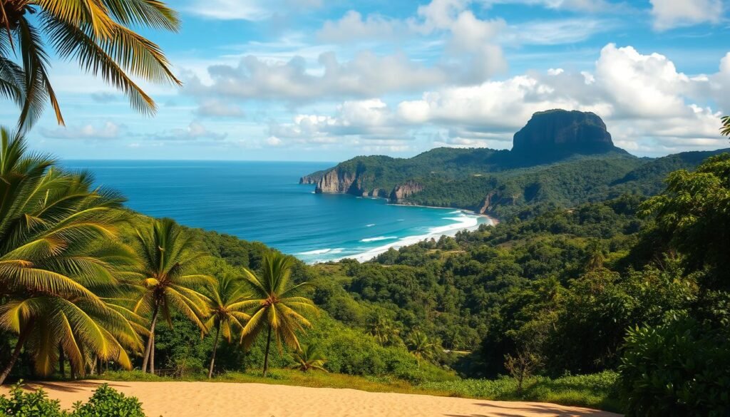 A picturesque coastal landscape of the Nicoya Peninsula in Costa Rica. In the foreground, a sun-kissed sandy beach lined with swaying palm trees and lush tropical foliage. In the middle ground, undulating hills covered in verdant forests, with glimpses of secluded coves and turquoise waters. In the background, a dramatic rocky headland rises above the crashing waves, its cliffs and craggy formations silhouetted against a vibrant sky. The scene is bathed in warm, golden light, capturing the serene and tranquil atmosphere of this idyllic tropical paradise. Shoot with a wide-angle lens to emphasize the expansive, cinematic feel of the location.