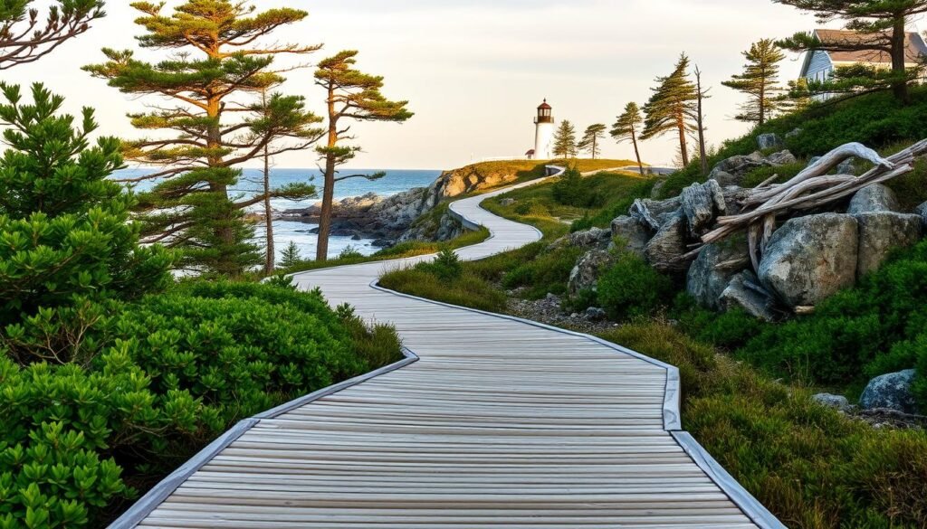 A picturesque coastal path winds along the rocky cliffs of Marginal Way in Ogunquit, Maine. The foreground is a broad wooden boardwalk, with lush green foliage on one side and the crashing Atlantic Ocean on the other. In the middle ground, the path curves gracefully, framed by ancient pines and weathered boulders. In the distance, a classic New England lighthouse stands guard over the rugged coastline, bathed in soft, golden sunlight. The atmosphere is one of serene tranquility, inviting visitors to immerse themselves in the natural beauty of this quintessential Maine landscape. A picturesque coastal path winds along the rocky cliffs of Marginal Way in Ogunquit, Maine. The foreground is a broad wooden boardwalk, with lush green foliage on one side and the crashing Atlantic Ocean on the other. In the middle ground, the path curves gracefully, framed by ancient pines and weathered boulders. In the distance, a classic New England lighthouse stands guard over the rugged coastline, bathed in soft, golden sunlight. The atmosphere is one of serene tranquility, inviting visitors to immerse themselves in the natural beauty of this quintessential Maine landscape.