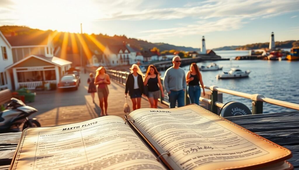 A picturesque coastal town in Maine, the sun's golden rays casting a warm glow over the bustling harbor. In the foreground, a well-worn leather-bound journal lies open, its pages filled with detailed plans and notes - a "playbook" for navigating the area's top attractions and hidden gems, expertly designed to avoid the crowds. In the middle ground, a group of locals and savvy tourists stroll the charming waterfront promenade, their relaxed expressions conveying a sense of tranquility and discovery. The background panorama showcases the serene beauty of the Maine coastline, with rolling hills, quaint lighthouses, and a tranquil bay dotted with lobster boats. This scene captures the essence of exploring Maine at its best, with a personal guidebook leading the way to an unforgettable experience. A picturesque coastal town in Maine, the sun's golden rays casting a warm glow over the bustling harbor. In the foreground, a well-worn leather-bound journal lies open, its pages filled with detailed plans and notes - a "playbook" for navigating the area's top attractions and hidden gems, expertly designed to avoid the crowds. In the middle ground, a group of locals and savvy tourists stroll the charming waterfront promenade, their relaxed expressions conveying a sense of tranquility and discovery. The background panorama showcases the serene beauty of the Maine coastline, with rolling hills, quaint lighthouses, and a tranquil bay dotted with lobster boats. This scene captures the essence of exploring Maine at its best, with a personal guidebook leading the way to an unforgettable experience.
