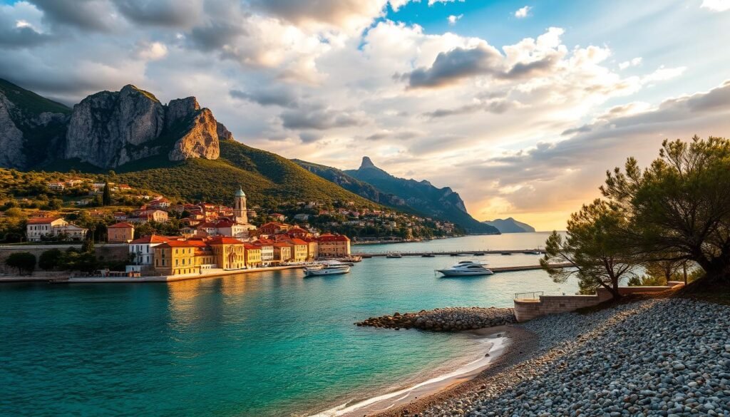 A picturesque coastal town nestled along the Adriatic Sea, its terracotta roofs and whitewashed buildings bathed in the warm glow of the setting sun. In the foreground, a serene beach dotted with sun-dappled pebbles and lapped by crystal-clear turquoise waters. Towering cliffs and lush, verdant hills rise in the middle ground, their slopes peppered with olive groves and vineyards, hinting at the bountiful harvest season. The background is framed by a dramatic, cloud-streaked sky, the vibrant oranges and reds of the sunset bleeding into the deep, azure expanse. A scene of tranquil beauty, perfectly capturing the essence of Croatia in the fall. A picturesque coastal town nestled along the Adriatic Sea, its terracotta roofs and whitewashed buildings bathed in the warm glow of the setting sun. In the foreground, a serene beach dotted with sun-dappled pebbles and lapped by crystal-clear turquoise waters. Towering cliffs and lush, verdant hills rise in the middle ground, their slopes peppered with olive groves and vineyards, hinting at the bountiful harvest season. The background is framed by a dramatic, cloud-streaked sky, the vibrant oranges and reds of the sunset bleeding into the deep, azure expanse. A scene of tranquil beauty, perfectly capturing the essence of Croatia in the fall.