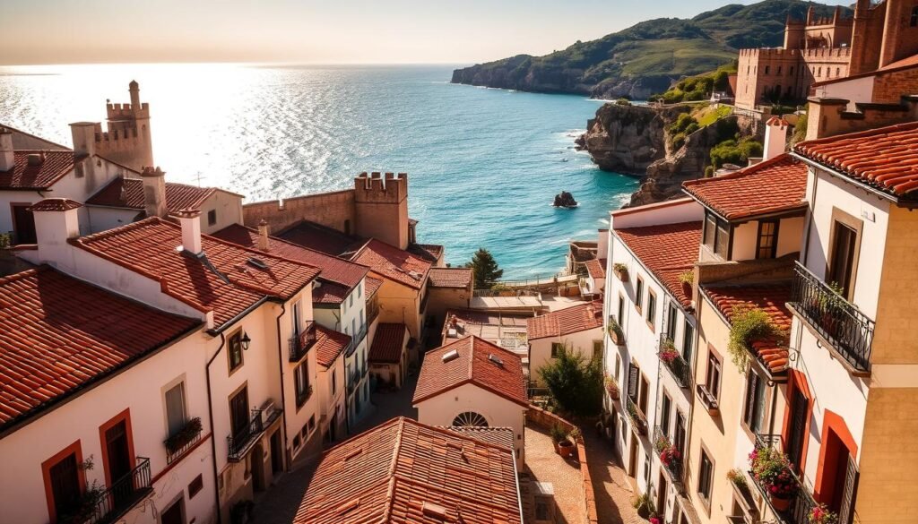 A picturesque coastal town nestled along the rugged Costa Brava, Tossa de Mar's old town exudes a timeless Mediterranean charm. In the foreground, narrow cobblestone streets wind between quaint whitewashed buildings with red-tiled roofs, their facades adorned with vibrant flowers and wrought-iron balconies. In the middle ground, the town's iconic medieval walls and watchtowers rise above, casting long shadows across the vibrant squares and alleyways. In the background, the sparkling azure waters of the Mediterranean Sea stretch out to the horizon, framed by lush green hills and rocky cliffs. Warm golden sunlight filters through the air, casting a soft, nostalgic glow over the entire scene, inviting the viewer to step back in time and explore the timeless charm of this picturesque Spanish coastal town. A picturesque coastal town nestled along the rugged Costa Brava, Tossa de Mar's old town exudes a timeless Mediterranean charm. In the foreground, narrow cobblestone streets wind between quaint whitewashed buildings with red-tiled roofs, their facades adorned with vibrant flowers and wrought-iron balconies. In the middle ground, the town's iconic medieval walls and watchtowers rise above, casting long shadows across the vibrant squares and alleyways. In the background, the sparkling azure waters of the Mediterranean Sea stretch out to the horizon, framed by lush green hills and rocky cliffs. Warm golden sunlight filters through the air, casting a soft, nostalgic glow over the entire scene, inviting the viewer to step back in time and explore the timeless charm of this picturesque Spanish coastal town.