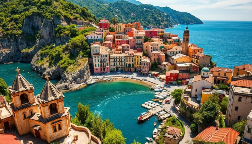 A picturesque coastal village nestled along the dramatic cliffs of the Italian Riviera, Cinque Terre is a breathtaking sight. Capture the charming pastel-colored houses cascading down the hillsides, with fishing boats bobbing in the azure waters below. Explore the winding, sun-dappled pathways that connect the five villages, offering stunning vistas of the rugged, verdant landscape. Depict the iconic church steeples and weathered stone buildings that create an timeless, enchanting atmosphere. Use a wide-angle lens to showcase the sweeping panorama, with warm Mediterranean light illuminating the scene. Convey the tranquil, unhurried essence of this UNESCO World Heritage site, a true gem along the Ligurian coast.