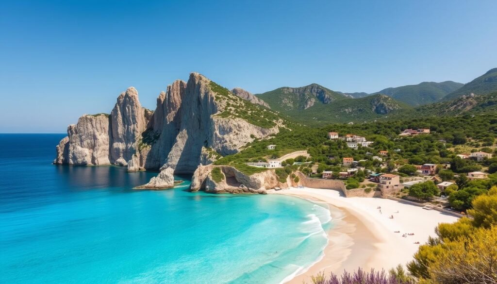 A picturesque coastline stretches across the idyllic Ionian island of Kefalonia, Greece. In the foreground, pristine white-sand beaches meet the crystal-clear turquoise waters of the Ionian Sea, inviting visitors to bask in the warm Mediterranean sun. Towering limestone cliffs rise majestically in the middle ground, their rugged formations casting dramatic shadows upon the tranquil coves below. In the background, lush green hills and forests cascade down to the water's edge, creating a serene and harmonious landscape. The scene is illuminated by soft, diffused natural lighting, capturing the island's laid-back, yet captivating atmosphere. A wide-angle lens perspective showcases the breathtaking panorama, enticing the viewer to explore this enchanting corner of Greece.