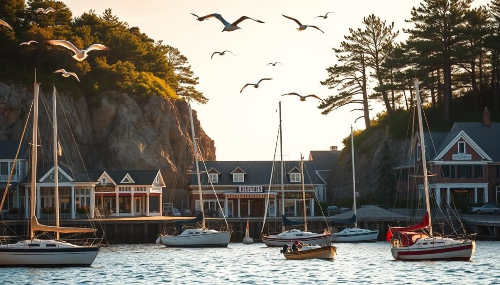 A picturesque coastline with quaint New England-style shops lining the harbor, bathed in warm golden sunlight. In the foreground, sailboats and lobster boats bob gently in the calm waters, while seagulls soar overhead. The middle ground features a row of charming boutiques, their facades adorned with flower boxes and antique signs. In the background, rugged cliffs and towering pine trees frame the scene, creating a serene and inviting atmosphere. The overall mood is one of coastal tranquility and New England charm, perfectly capturing the essence of Kittery's thriving seaside shopping district. A picturesque coastline with quaint New England-style shops lining the harbor, bathed in warm golden sunlight. In the foreground, sailboats and lobster boats bob gently in the calm waters, while seagulls soar overhead. The middle ground features a row of charming boutiques, their facades adorned with flower boxes and antique signs. In the background, rugged cliffs and towering pine trees frame the scene, creating a serene and inviting atmosphere. The overall mood is one of coastal tranquility and New England charm, perfectly capturing the essence of Kittery's thriving seaside shopping district.